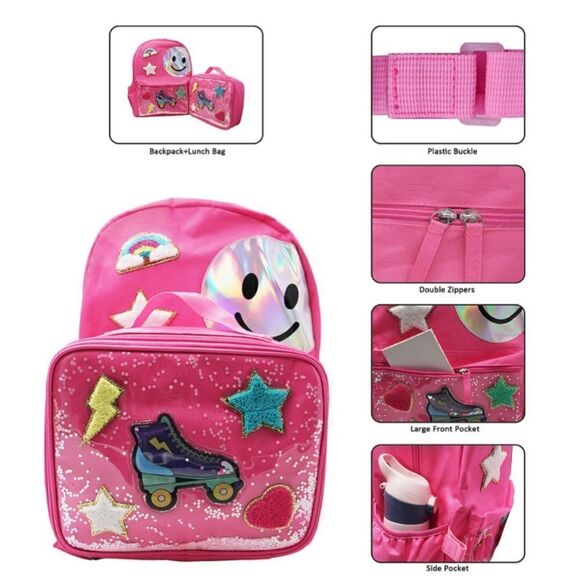 New NWT Office Depot Girls Pink Roller Skate School Backpack & Lunch Box Set - Picture 1 of 11